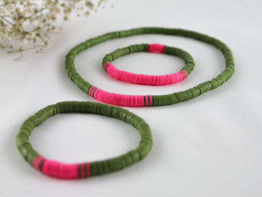 Green Pink Katsuki Heishi Beads Bracelets and Necklace - Set