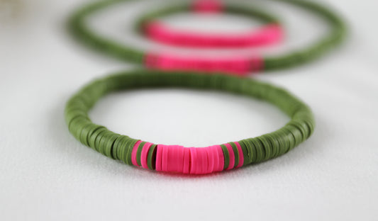 Green Pink Katsuki Heishi Beads Bracelets and Necklace - Set