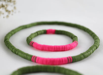Army Grün-Pink Katsuki 3-teiliges Schmuckset – Armbänder & Halskette | Handgemacht