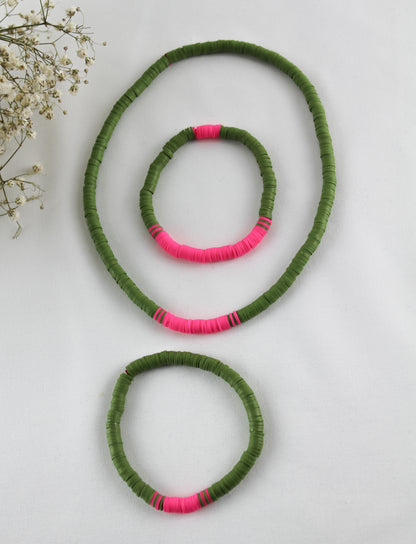 Army Grün-Pink Katsuki 3-teiliges Schmuckset – Armbänder & Halskette | Handgemacht
