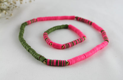 Army Grün-Pink Katsuki Perlenset – Armbänder & Halskette | Handgefertigter Schmuck