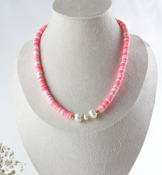 Pink White Katsuki Heishi Pearl Bracelet / Necklace with Freshwater Pearl