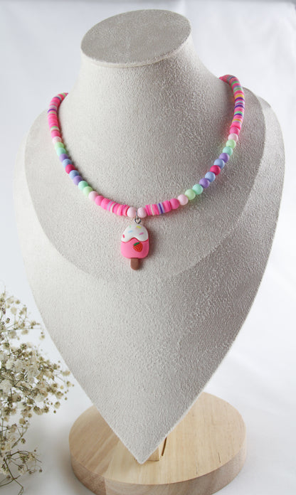 Summer Ice Cream Perlenkette – Pinke Eiscreme Anhänger-Halskette aus Katsuki Perlen