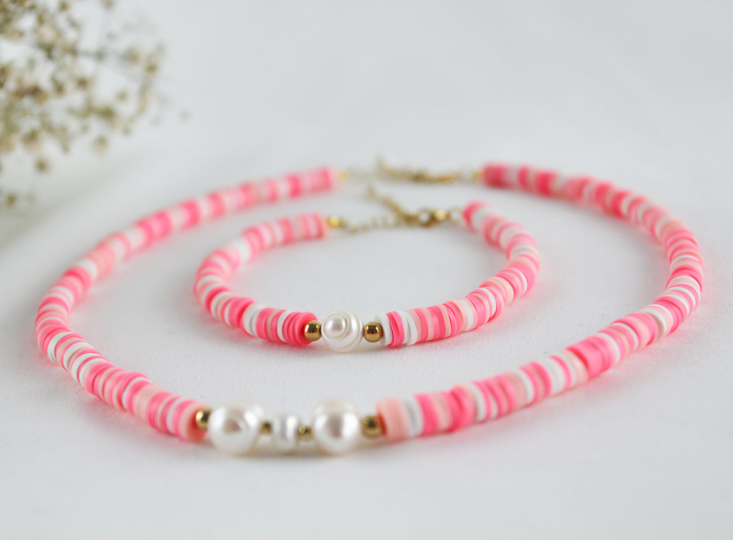 Rosa-Weiß Katsuki Schmuckset mit Süßwasserperle – Handgefertigte Halskette & Armband