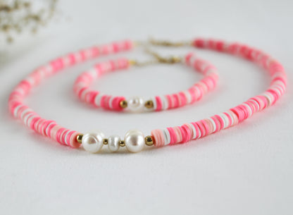 Rosa-Weiß Katsuki Schmuckset mit Süßwasserperle – Handgefertigte Halskette & Armband