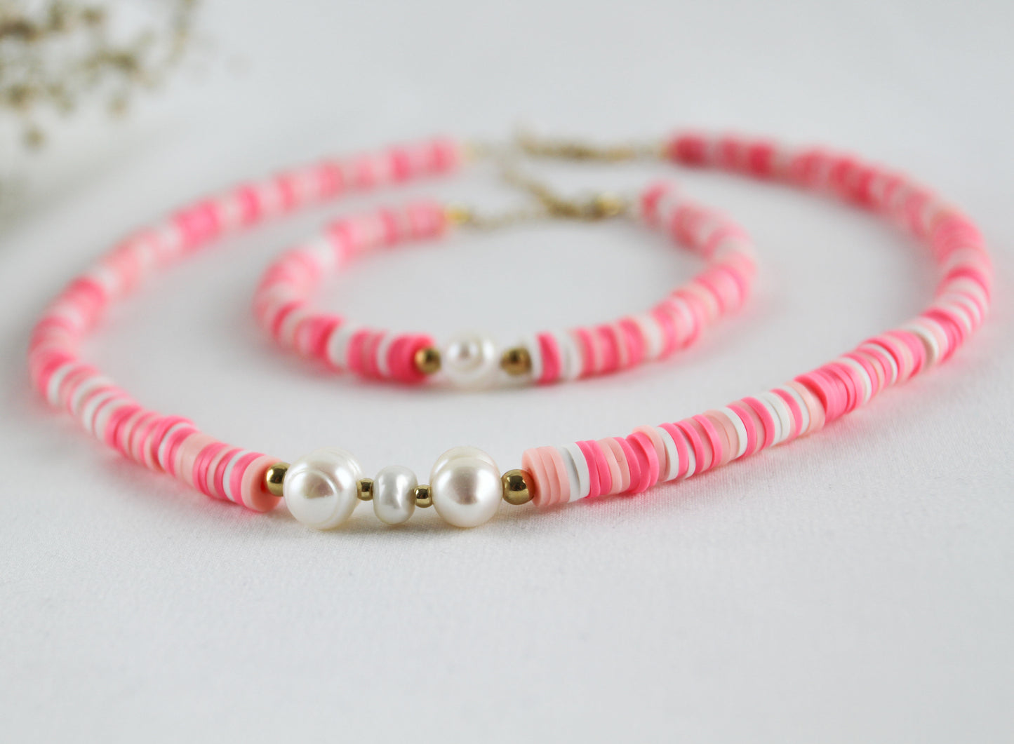 Rosa-Weiß Katsuki Schmuckset mit Süßwasserperle – Handgefertigte Halskette & Armband