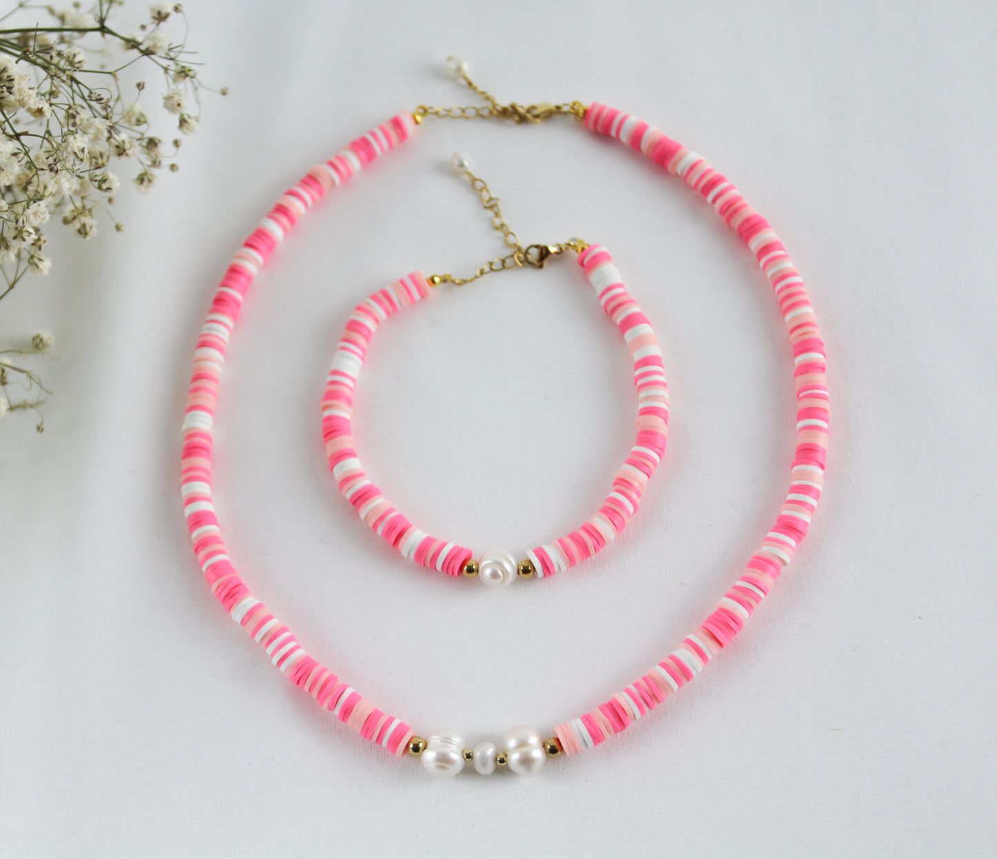 Rosa-Weiß Katsuki Schmuckset mit Süßwasserperle – Handgefertigte Halskette & Armband