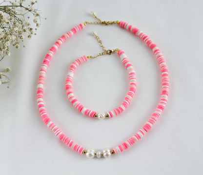 Rosa-Weiß Katsuki Schmuckset mit Süßwasserperle – Handgefertigte Halskette & Armband