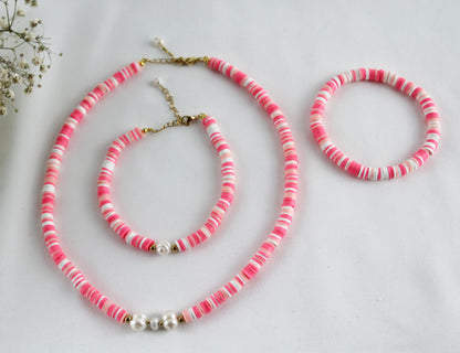 Rosa-Weiß Katsuki Schmuckset mit Süßwasserperle – Handgefertigte Halskette & Armband