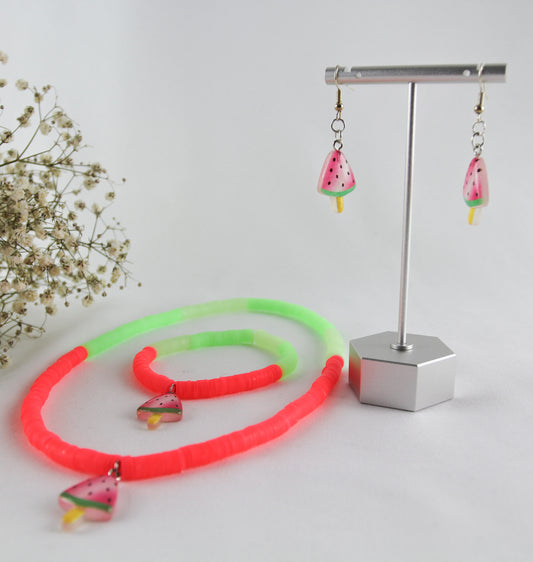 Summer Watermelon Jelly Katsuki Heishi Beads Bracelet with Necklace and Earrings - Set