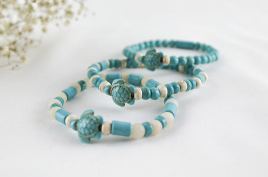Turquoise Natural Stones Heishi Beads Bracelet with Turtle Charm