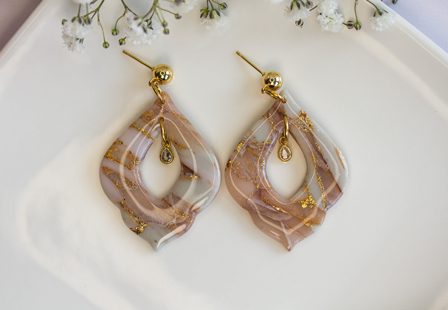 Statement Ohrringe - Nude Creme Marble – Kristall