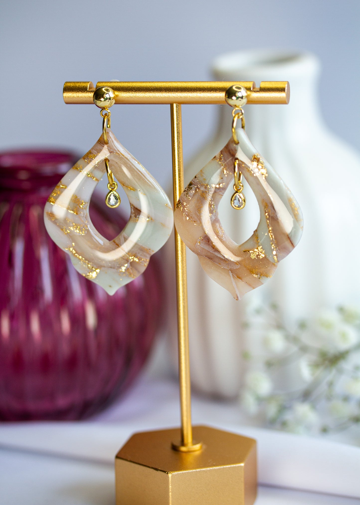 Statement Ohrringe - Nude Creme Marble – Kristall