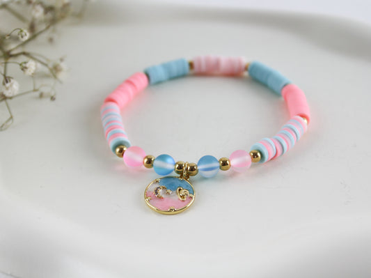 Pink Blue Katsuki Heishi Beaded Bracelet with Pearls and Universe Pendant