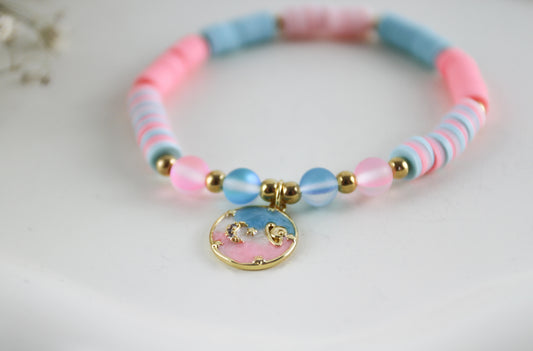 Pink Blue Katsuki Heishi Beaded Bracelet with Pearls and Universe Pendant