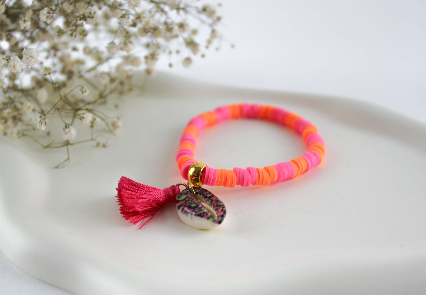 Orange Pink Katsuki Heishi Beaded Bracelet with Shell and Tassel