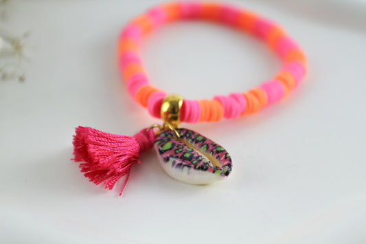 Orange Pink Katsuki Heishi Beaded Bracelet with Shell and Tassel