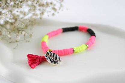 Schwarz-Gelb-Pink Katsuki Armband mit Zebra-Muschel & Quaste – Einzigartiges Design