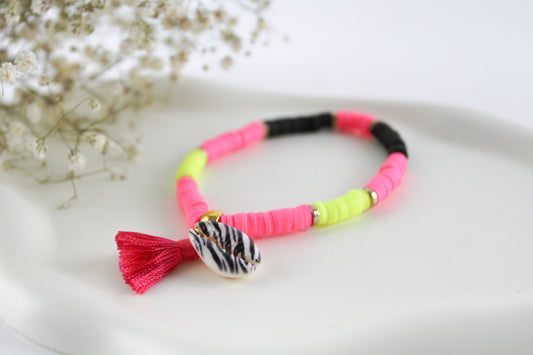 Black Yellow Pink Katsuki Heishi Beaded Bracelet with Zebra Shell and Tassel