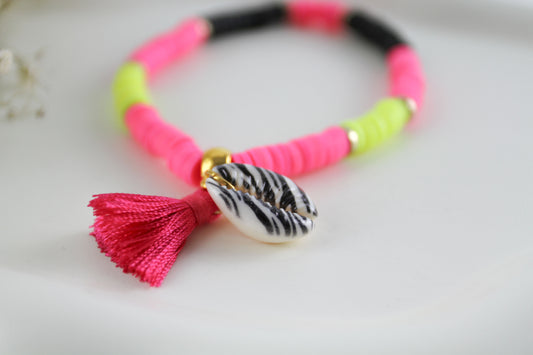 Black Yellow Pink Katsuki Heishi Beaded Bracelet with Zebra Shell and Tassel