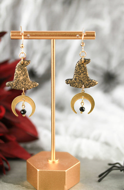 Hexenhut & Mond Ohrringe – Handgefertigte Halloween Polymer Clay Ohrringe | Halloween Edition