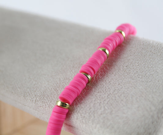 Pink Katsuki Heishi Beaded Bracelet with Gold Colored Flat Beads
