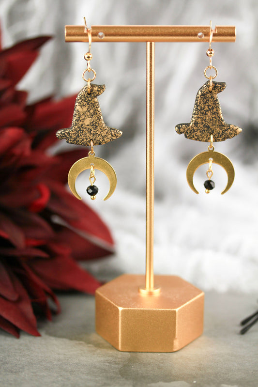 Hexenhut & Mond Ohrringe – Handgefertigte Halloween Polymer Clay Ohrringe | Halloween Edition