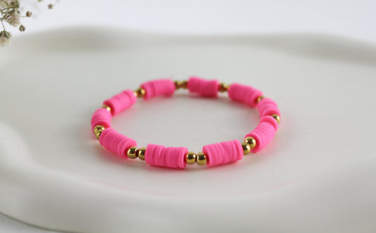 Pink Katsuki Heishi Beaded Bracelet with Gold Colored Beads