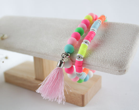 Double Bracelet Katsuki Heishi Beads Bracelet with Pink Tassel