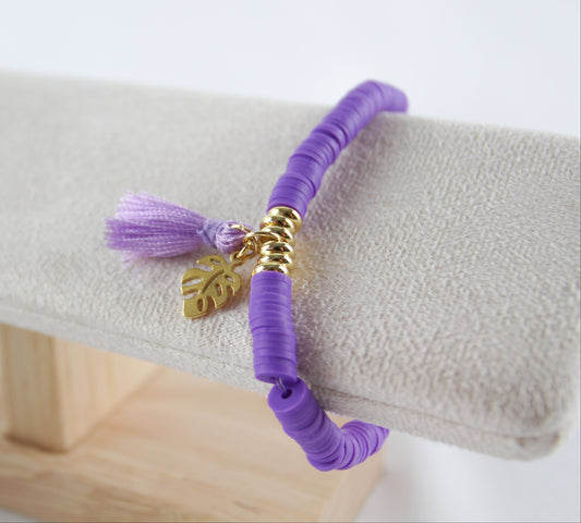 Purple Katsuki Heishi Beads Bracelet with High Quality Leaf Pendant and Tassel