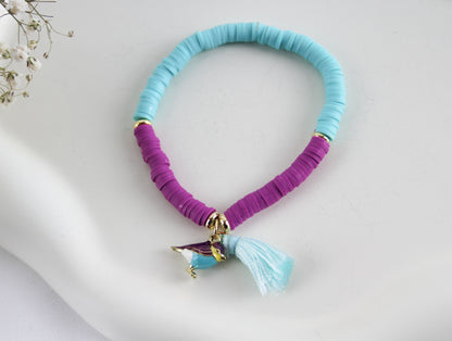 Lila-Türkis Katsuki Armband mit Vogel-Charm – Handgemachtes Polymer Clay Armband
