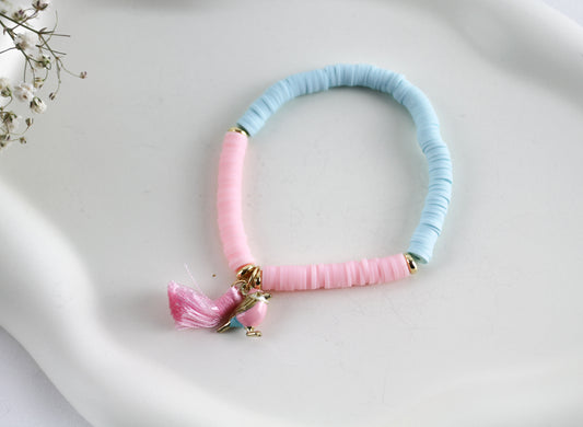 Bird II - Pink Blue Katsuki Heishi Beaded Bracelet with Tassel