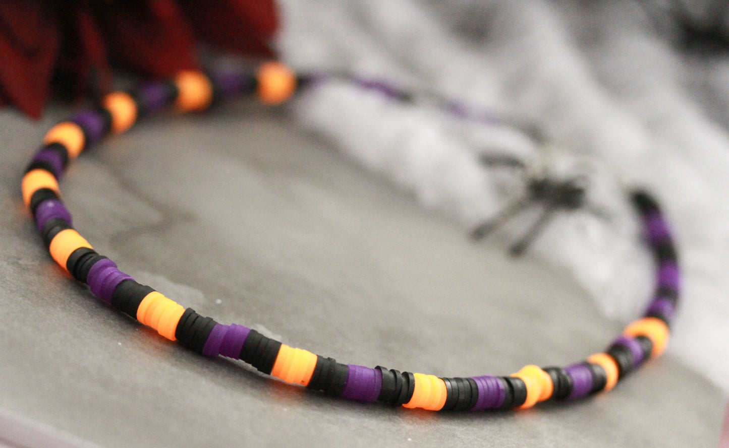 Neon Orange-Schwarz-Lila Schmuckset – Armband & Halskette | Halloween