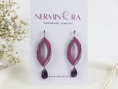 Elegante Lila Kristall Ohrringe – Handgefertigte Polymer Clay Statement