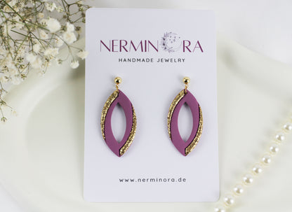 Elegante Lila Ohrringe mit Goldglitzer – Handgefertigte Polymer Clay Statement