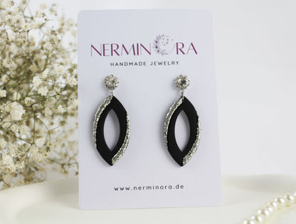 Elegante Schwarze Ohrringe mit Silberkristall – Polymer Clay Statement