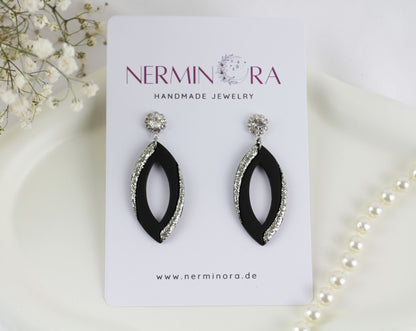 Elegante Schwarze Ohrringe mit Silberkristall – Polymer Clay Statement