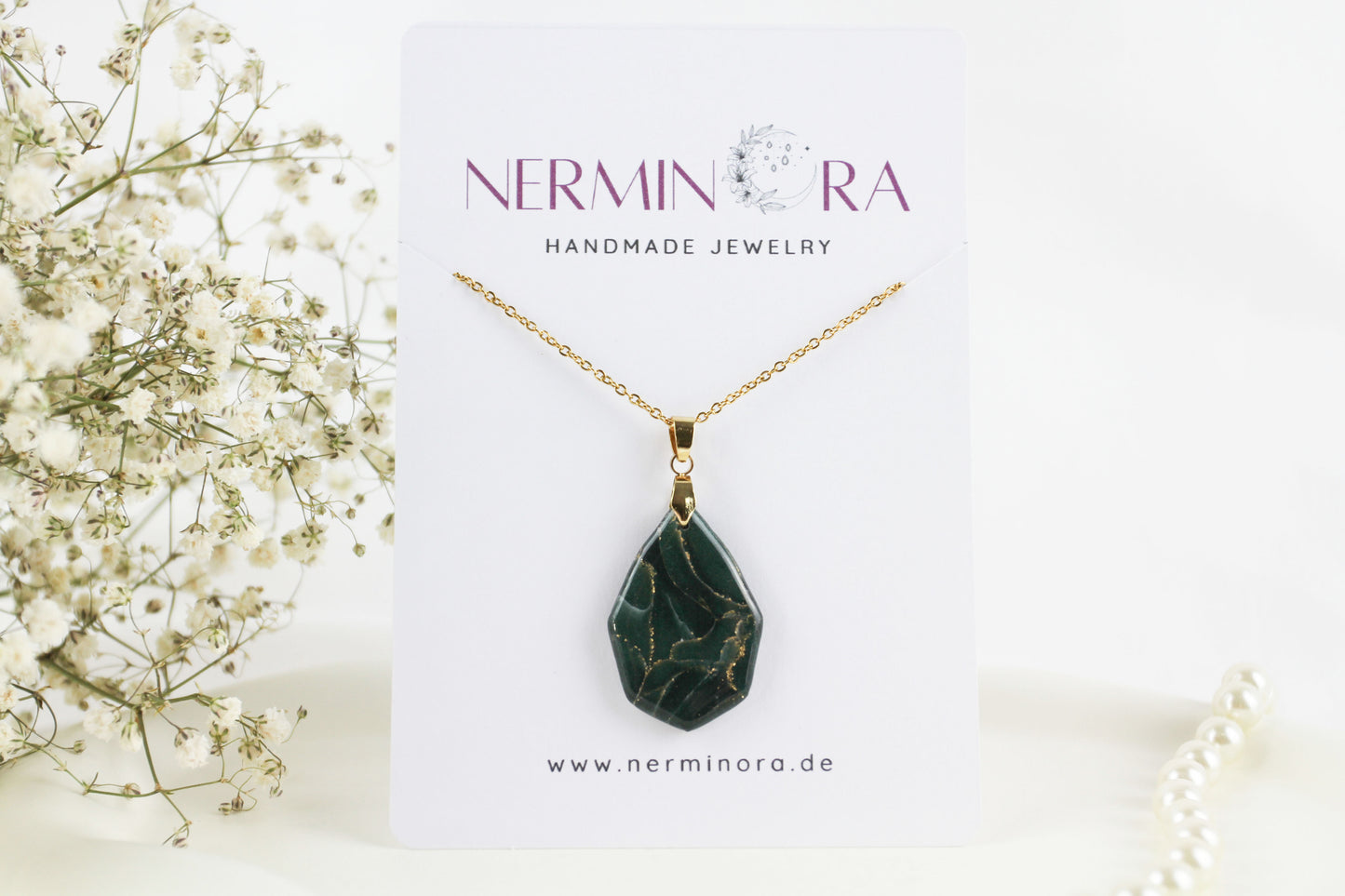 Elegante dunkelgrün goldene Polymer Clay Ohrringe und Halskette - Kollektion