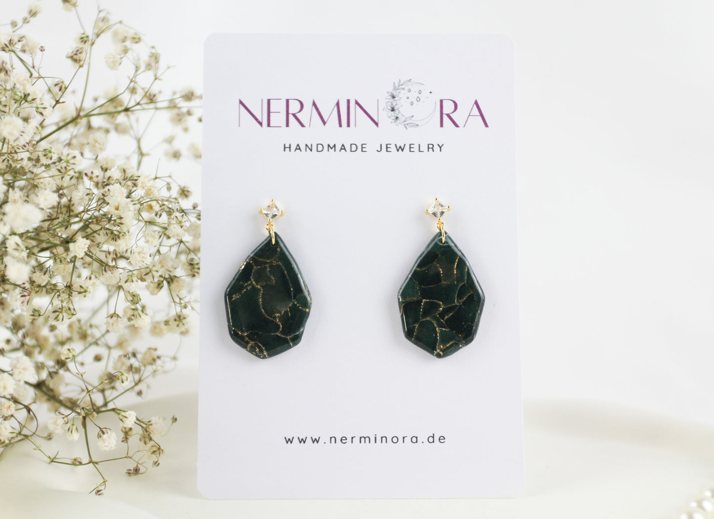 Elegante dunkelgrün goldene Polymer Clay Ohrringe und Halskette - Kollektion