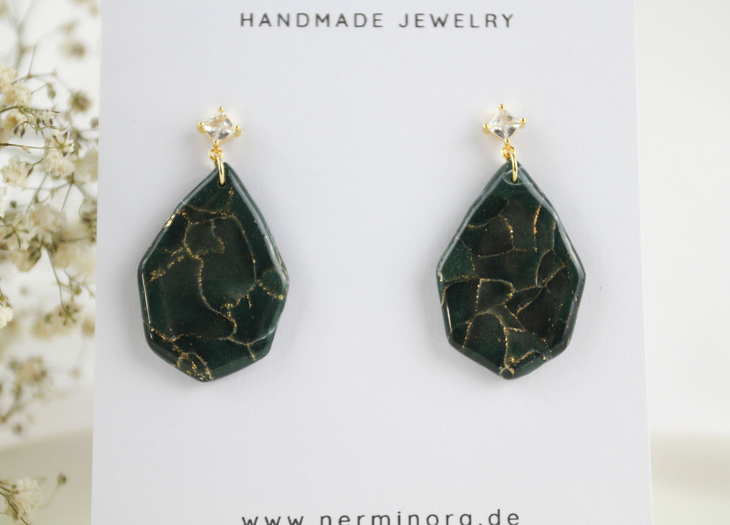 Elegante dunkelgrün goldene Polymer Clay Ohrringe und Halskette - Kollektion