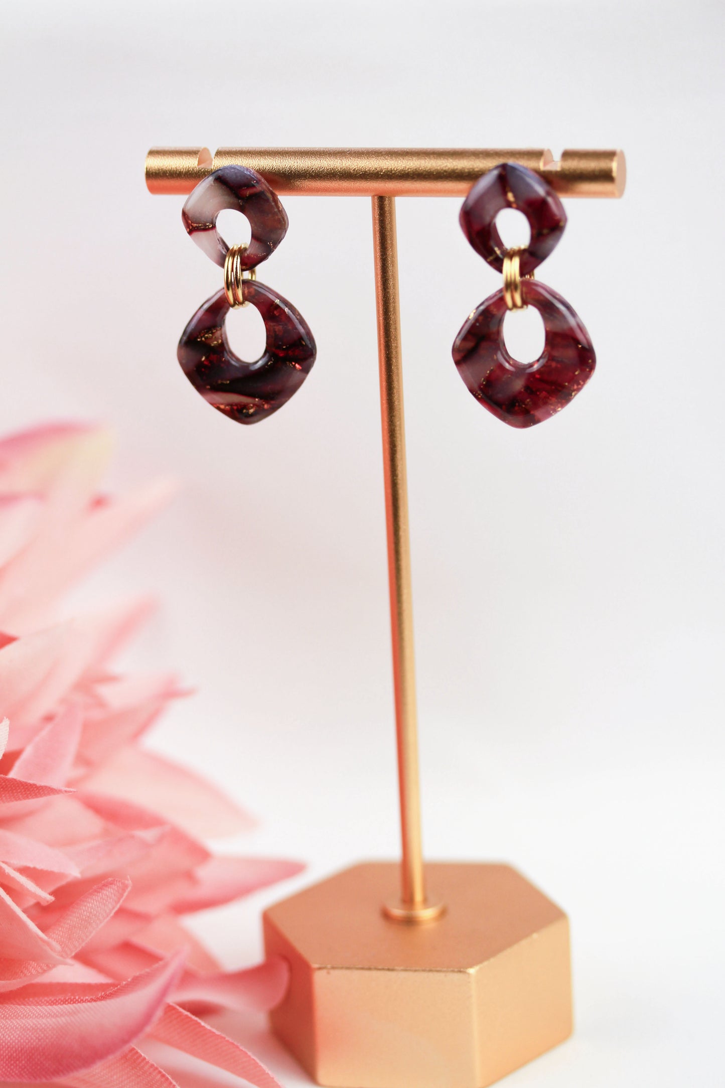 Bordeaux Rote Marmor Ohrringe – Elegante Polymer Clay Statement Ohrringe