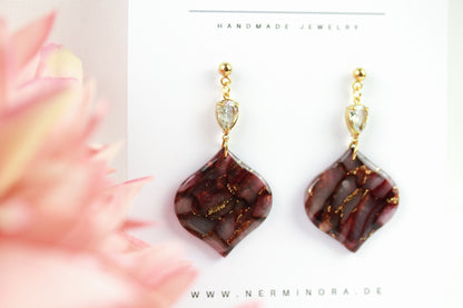Bordeaux Rote Marmor Ohrringe – Elegante Polymer Clay Statement Ohrringe