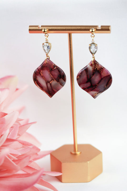 Bordeaux Rote Marmor Ohrringe – Elegante Polymer Clay Statement Ohrringe