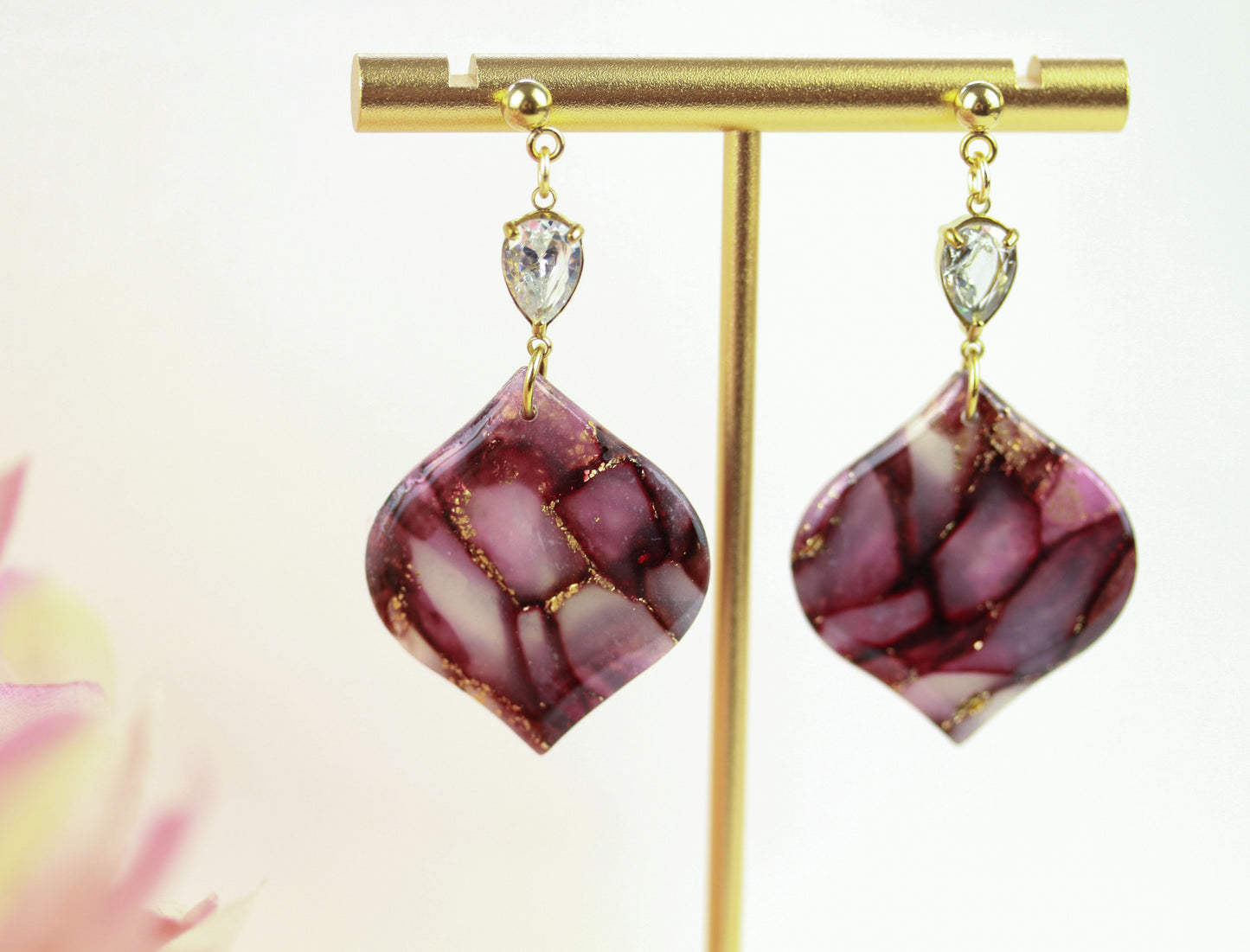 Bordeaux Rote Marmor Ohrringe – Elegante Polymer Clay Statement Ohrringe