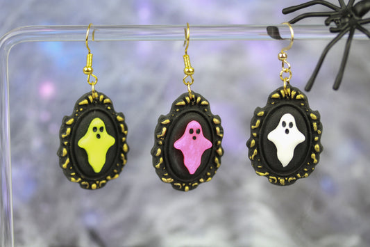 Glow Geist im Rahmen – Leuchtende Bilderrahmen Polymer Clay Ohrringe | Halloween Edition