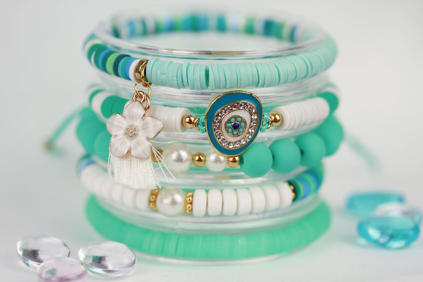 Türkis-Weiß Katsuki Armbandset – 5-teilig | Evil Eye Sommermix