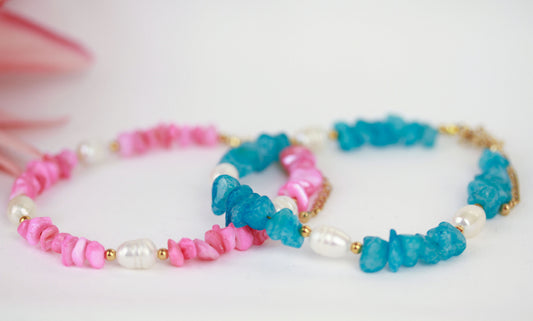 Rosa-Blau Natursteinarmband mit Süßwasserperle – Handgefertigtes Perlenarmband