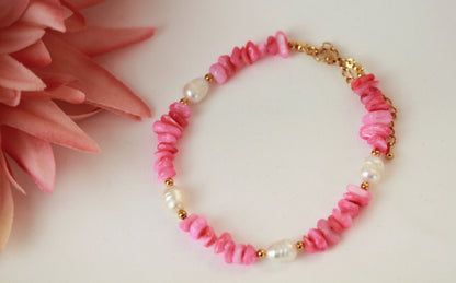 Rosa-Blau Natursteinarmband mit Süßwasserperle – Handgefertigtes Perlenarmband