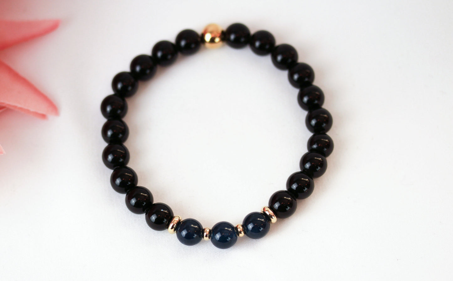 Schwarzer Achat & Saphir-Jade Armband – Handgefertigtes Natursteinarmband