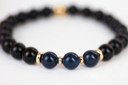 Schwarzer Achat & Saphir-Jade Armband – Handgefertigtes Natursteinarmband
